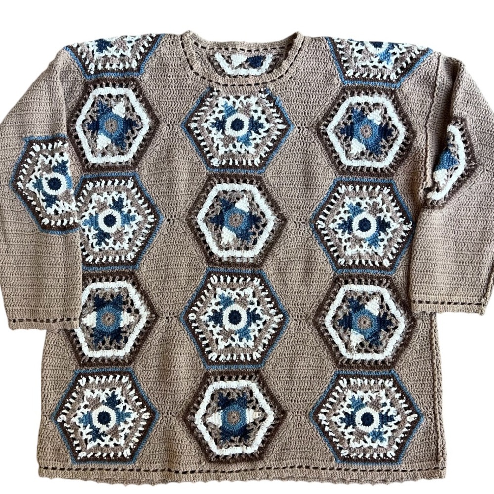 Vintage Granny square Crochet sweater large Ashley Hill handmade sweater brown